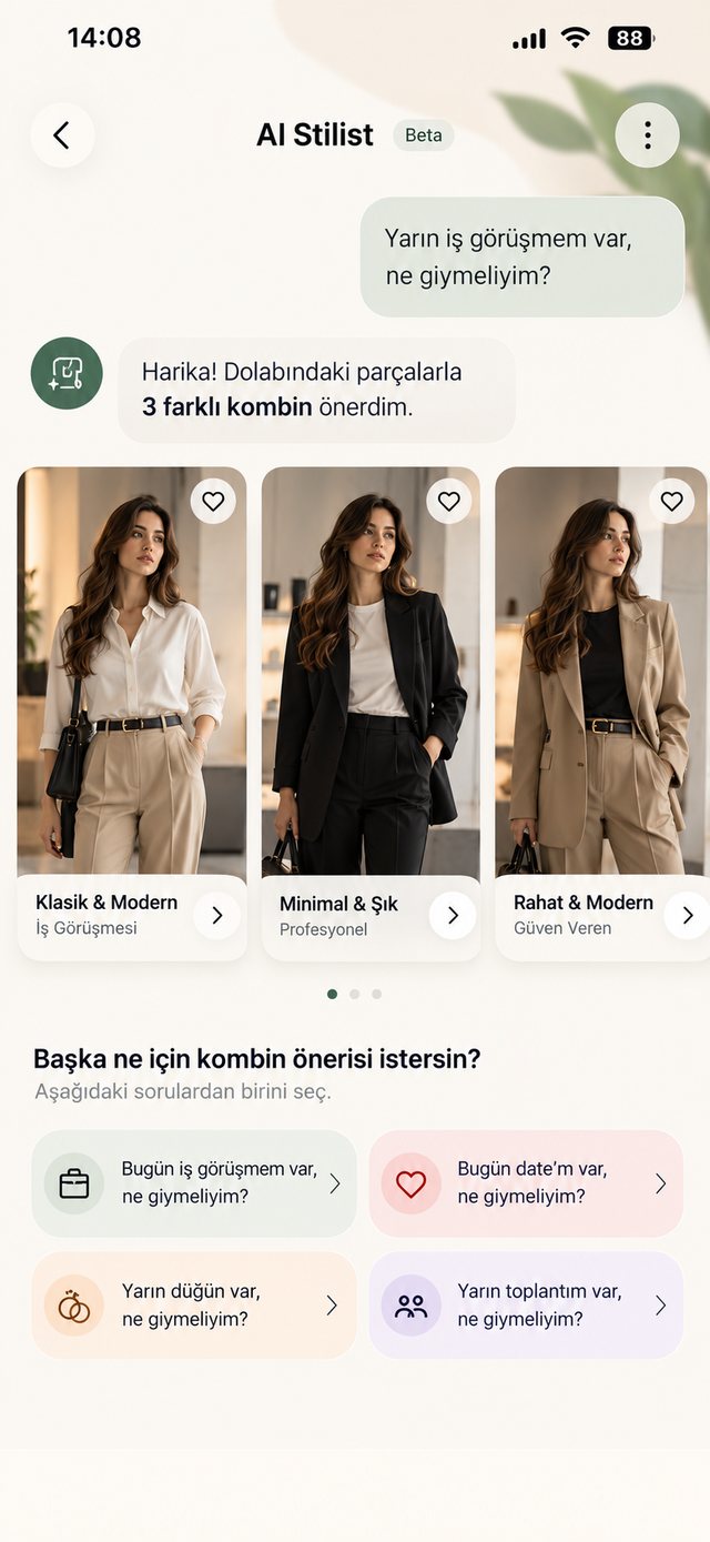 AI Stilist ekranı: iş görüşmesi için üç kombin önerisi